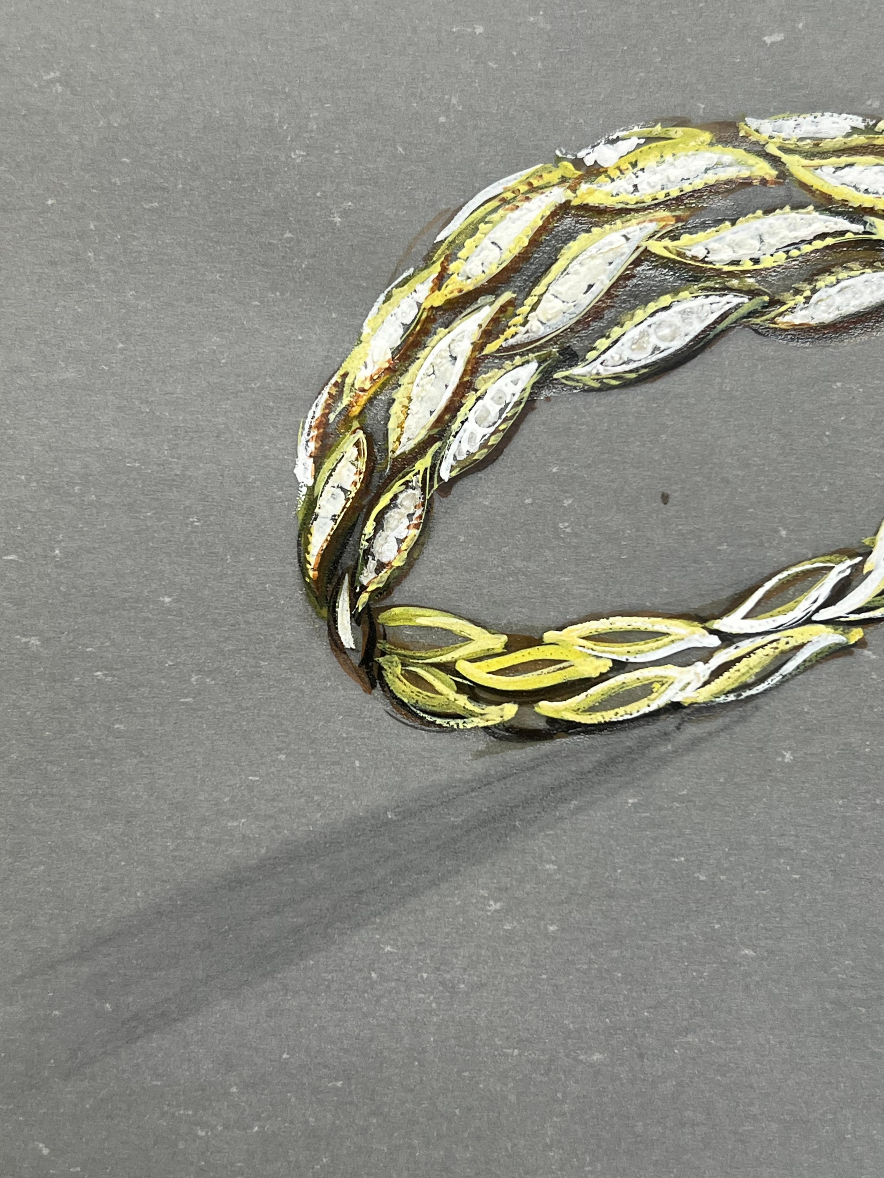 Interwoven Elegance Anello a fascia con motivo a foglia a doppia tonalità Design/One
circa metà del XX secolo
di Paul Touzet (francese, nato nel 1917)
pittura originale a gouache, con matita su carta da lucido
non incorniciato
dimensioni complessive