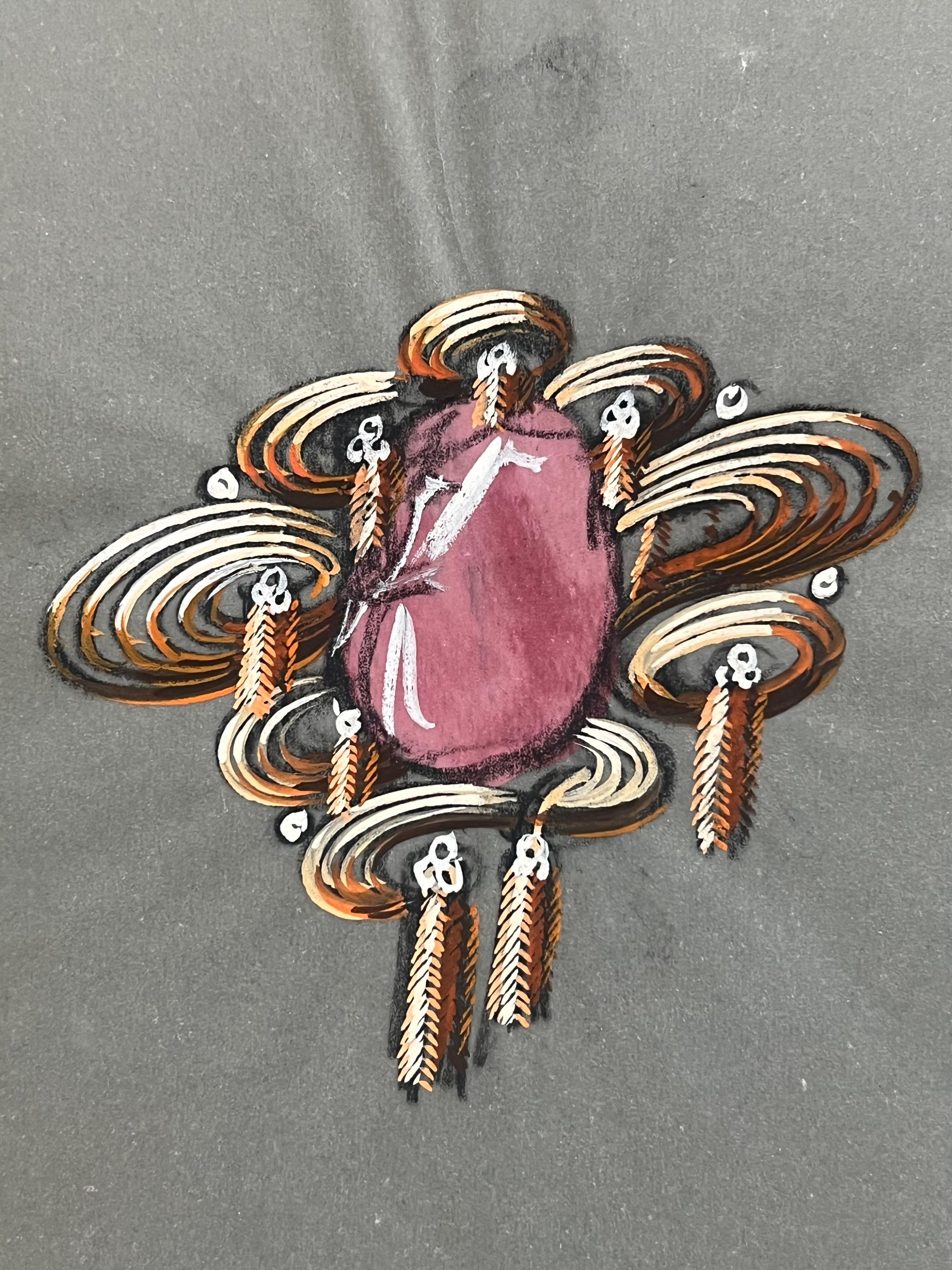 Eine Dualität von Ruby Elegance Schmuckdesign
um die Mitte des 20. Jahrhunderts
von Paul Touzet (Franzose, geb. 1917)
Original-Gouache-Malerei, mit Bleistift auf Pauspapier
ungerahmt
linkes Design Gesamtgröße des Papiers: 6,5 x 9 Zoll
rechtes Design