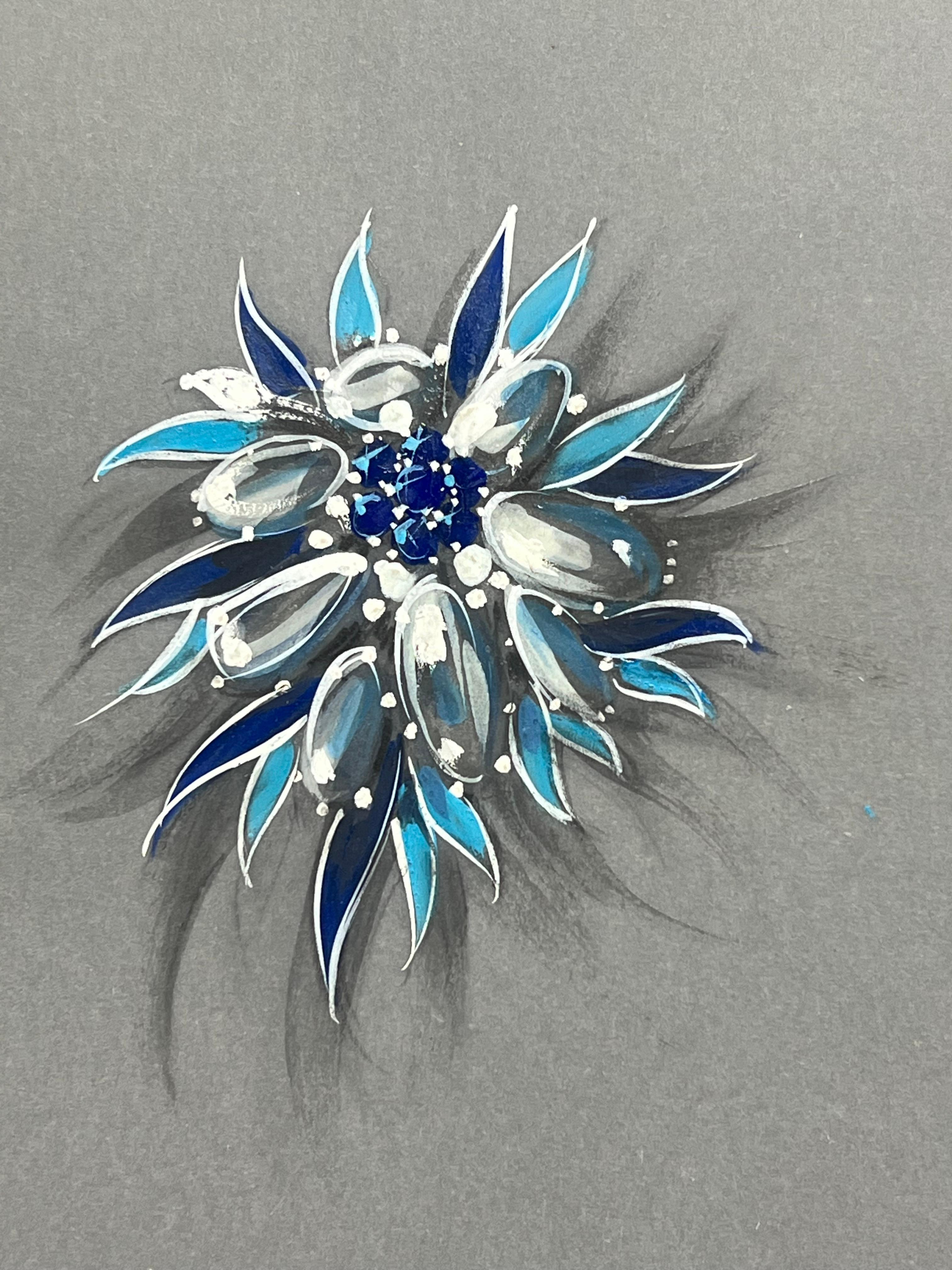 Dual Blooms: Il contrasto tra ghiaccio e fiamme nel design dei gioielli
circa metà del XX secolo
di Paul Touzet (francese, nato nel 1917)
pittura originale a guazzo, con matita su carta da lucido
non incorniciato
dimensioni complessive del disegno a
