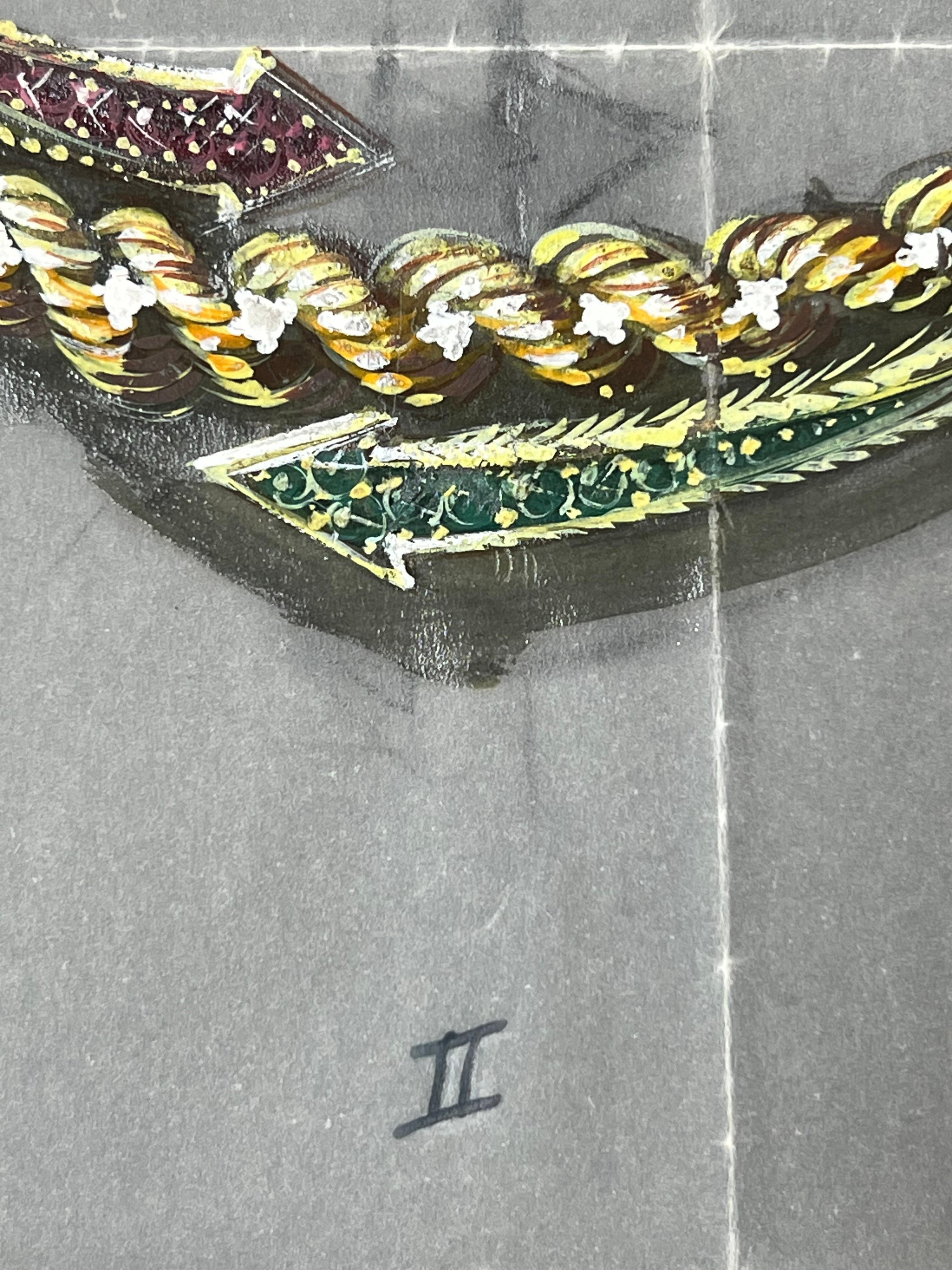 Raccolto d'oro: Una ghirlanda di foglie d'autunno - Collana Design/One
circa metà del XX secolo
di Paul Touzet (francese, nato nel 1917)
pittura originale a guazzo, con matita su carta da lucido
bloccato su un cartoncino sottile
dimensioni