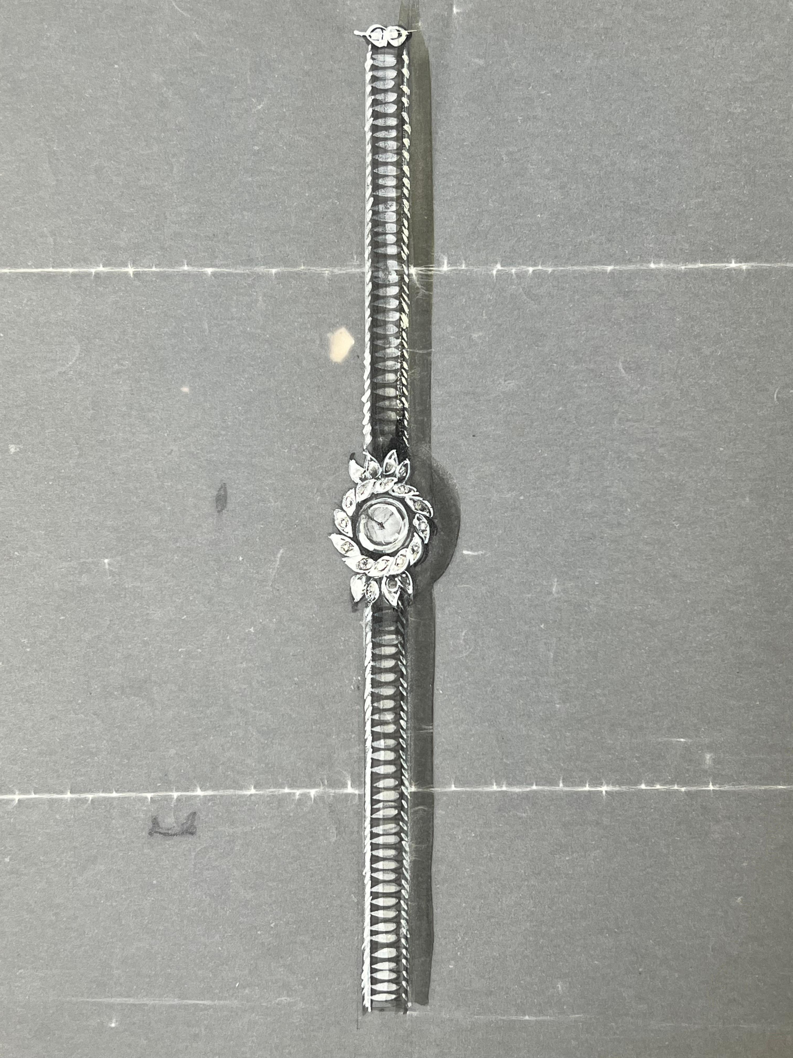 Set di tre modelli di orologi in argento
circa metà del XX secolo
di Paul Touzet (francese, nato nel 1917)
pittura originale a guazzo, con matita su carta da lucido
bloccato su un cartoncino sottile
dimensioni complessive del disegno: 6,25 x 10