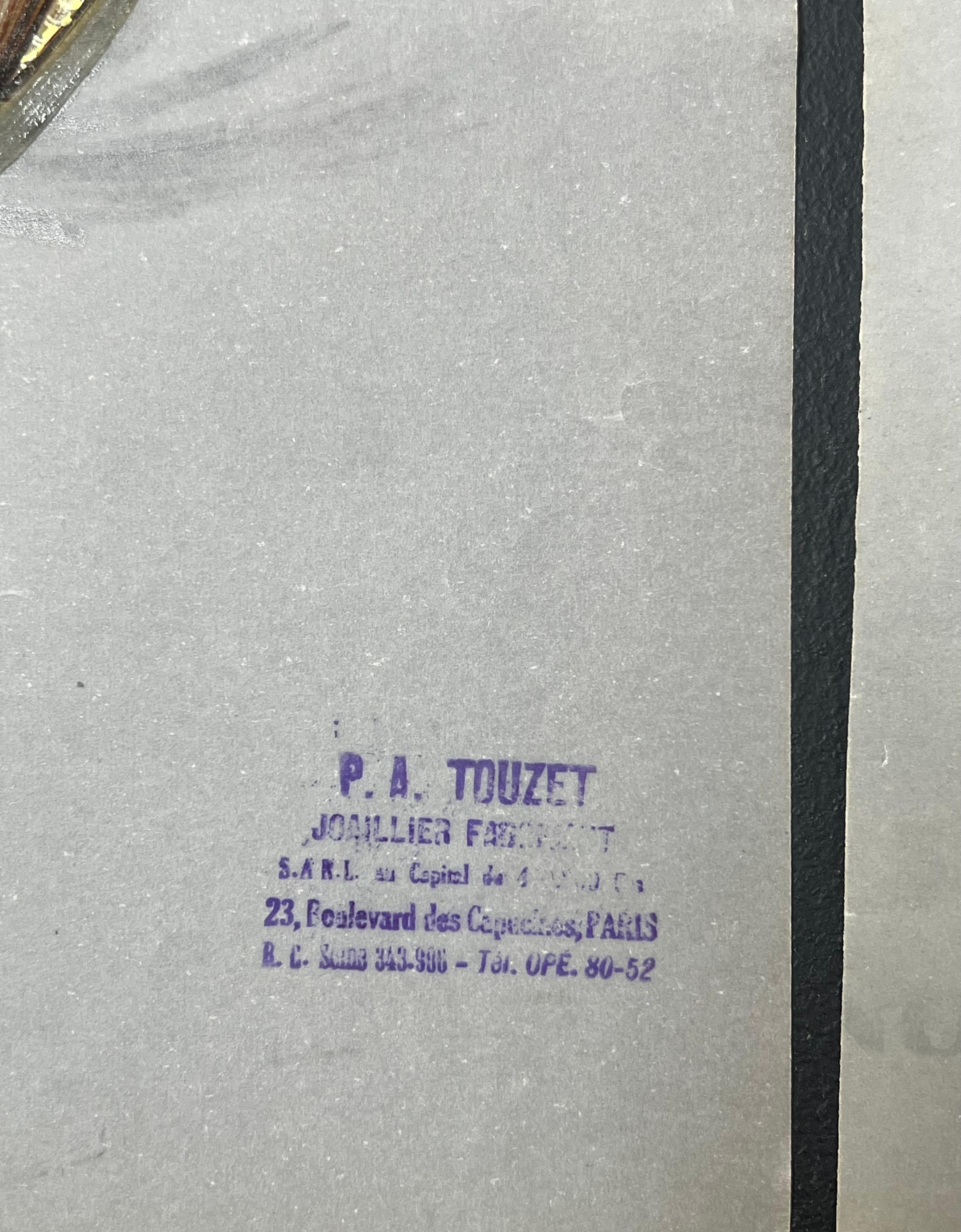 Duo di gioielli in oro e foglie di diamante
circa metà del XX secolo
di Paul Touzet (francese, nato nel 1917)
timbrata con la stampa dei designer
pittura originale a guazzo, con matita su carta da lucido
non incorniciato
dimensioni complessive del