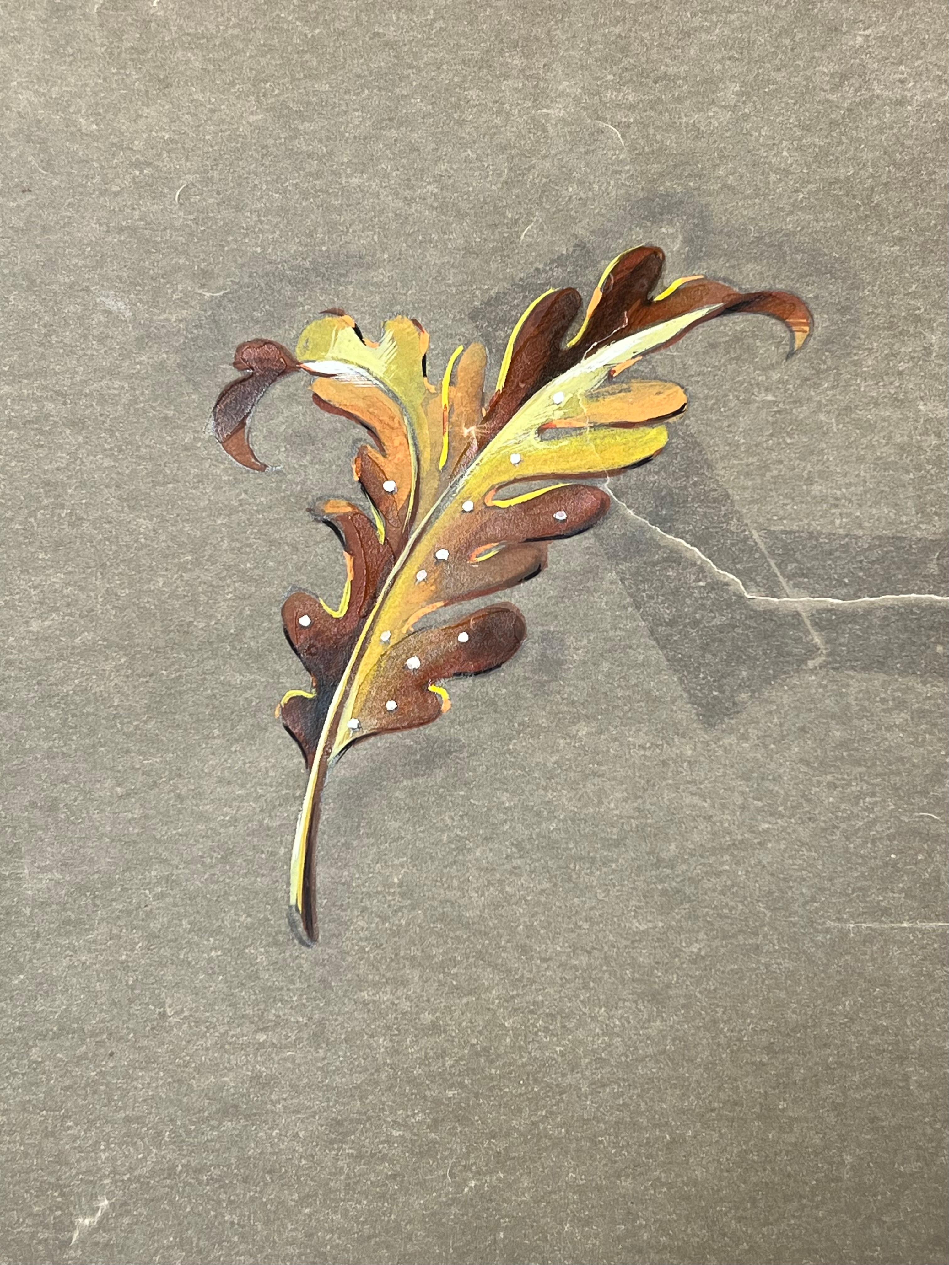 Golden Leaf Schmuck Design 
um die Mitte des 20. Jahrhunderts
von Paul Touzet (Franzose, geb. 1917)
Original-Gouache-Gemälde, mit Bleistift auf Transparentpapier, ungerahmt
Design/One Gesamtgröße des Papiers: 10 x 8 Zoll

Zustand: der Gesamtzustand