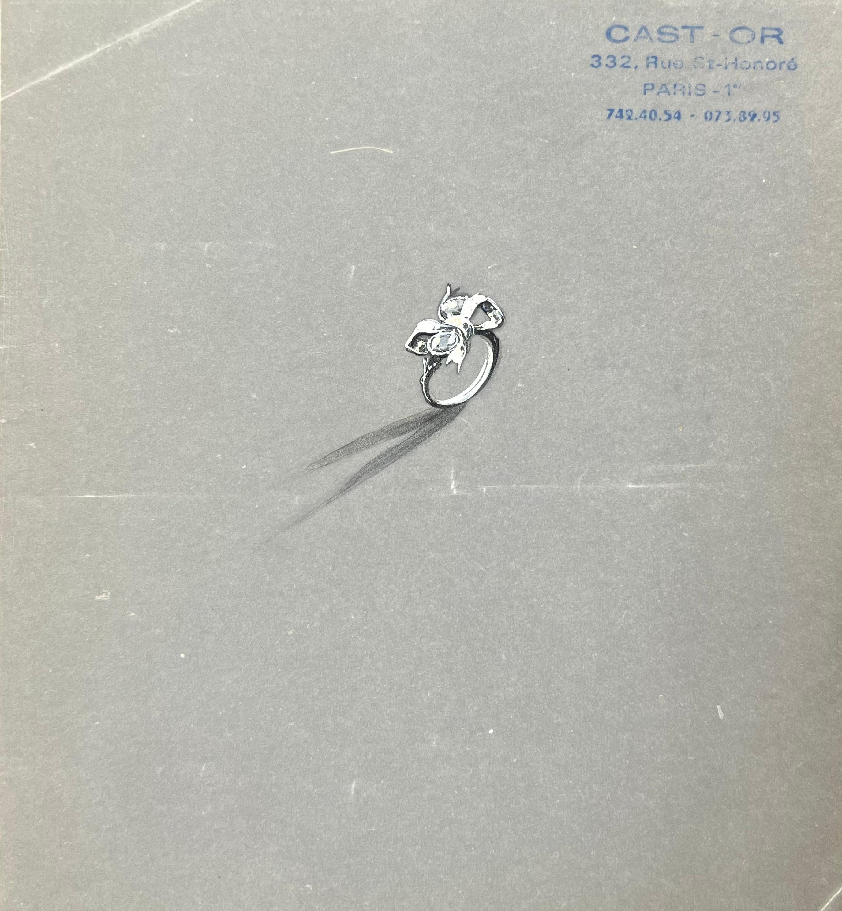 Set di sei anelli d'argento Design/One 
circa metà del XX secolo
di Paul Touzet (francese, nato nel 1917)
dipinto originale a guazzo, con matita su carta da lucido, senza cornice
misure da sinistra a destra in alto:  
1. 7,25 x 6,25 pollici 
2. 7,25