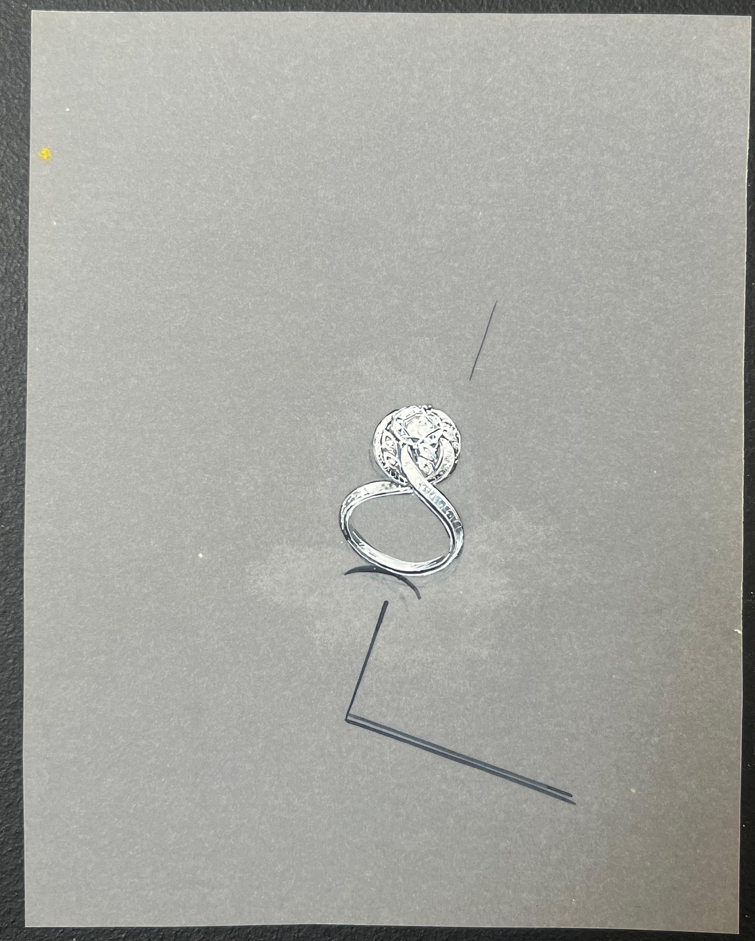 Set di sei anelli d'argento Design/One 
circa metà del XX secolo
di Paul Touzet (francese, nato nel 1917)
dipinto originale a guazzo, con matita su carta da lucido, senza cornice
misure da sinistra a destra in alto:  
1. 6,25 x 4,5 pollici 
2. 6,75