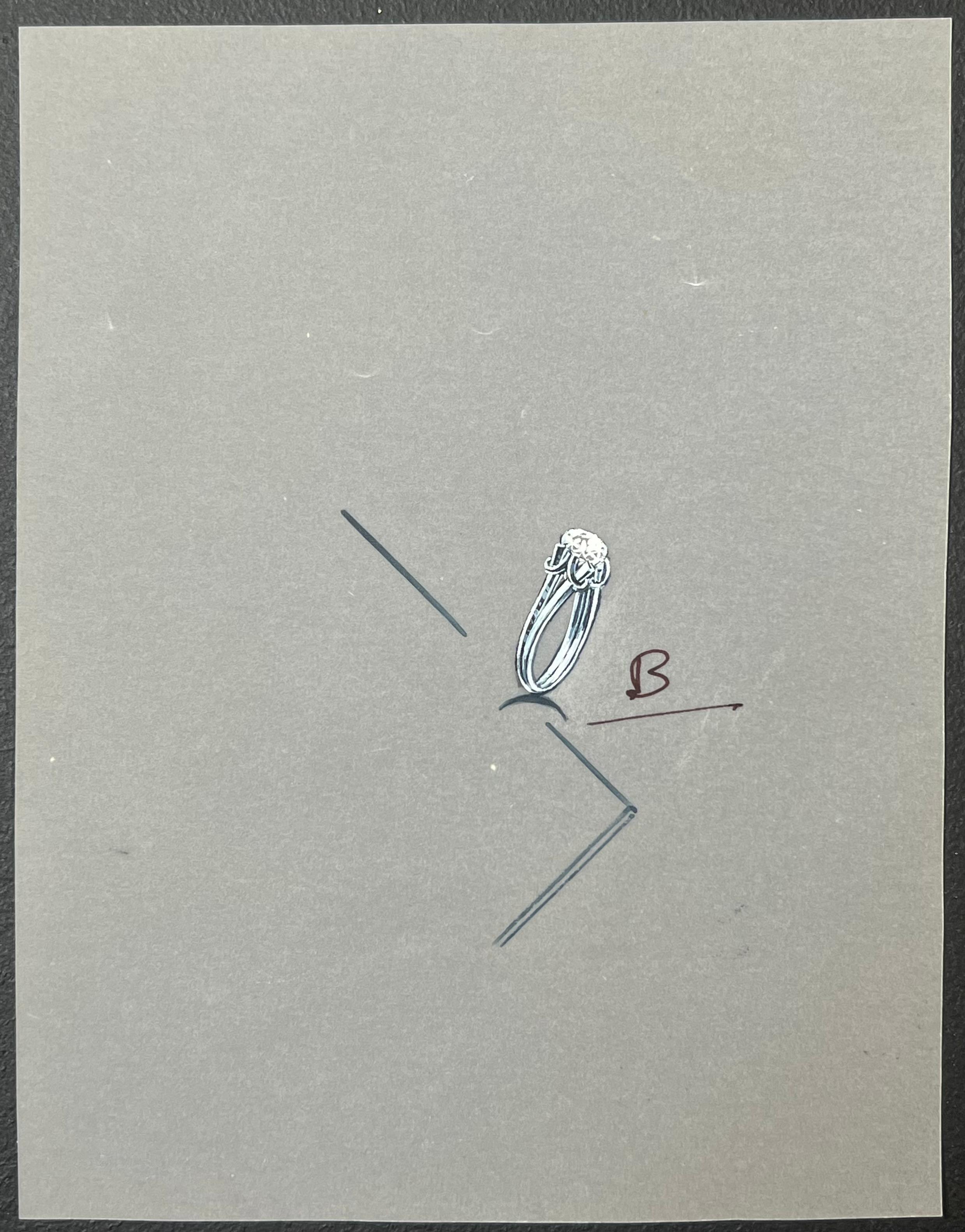 Set di sei anelli d'argento Design/One 
circa metà del XX secolo
di Paul Touzet (francese, nato nel 1917)
dipinto originale a guazzo, con matita su carta da lucido, senza cornice
misure da sinistra a destra in alto: 
1. 7,25 x 4,25 pollici
2. 6,5 x