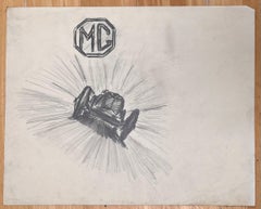 MG Sports Car Pencil Drawing in Art Deco Style, Unframed