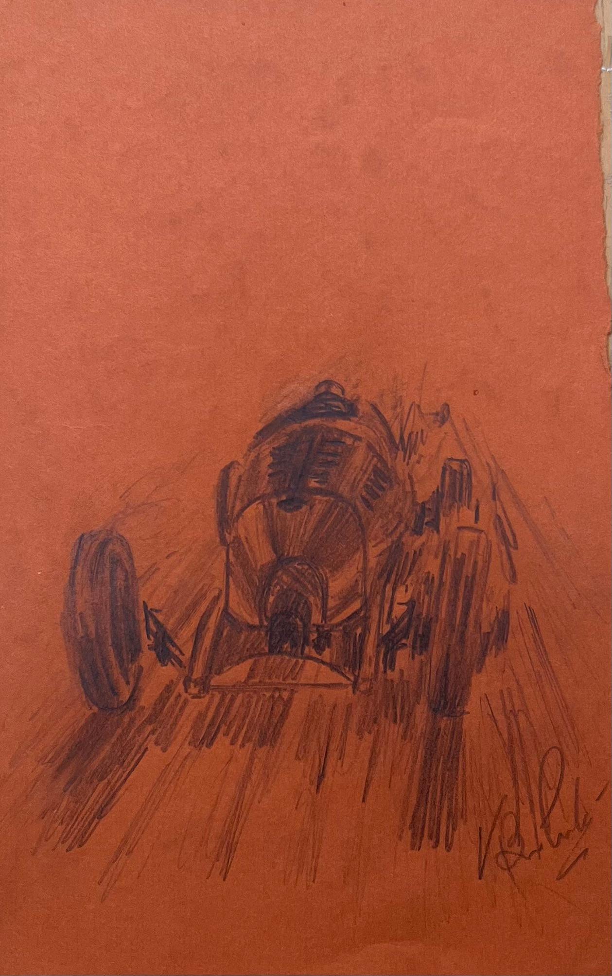 K.B. White Still-Life – Vintage Race Car Bleistift Illustration auf braunem Papier