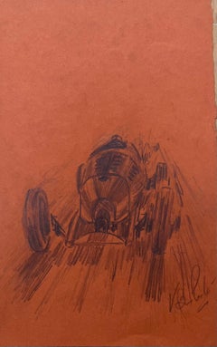 Vintage Race Car Pencil Illustration on Brown Paper