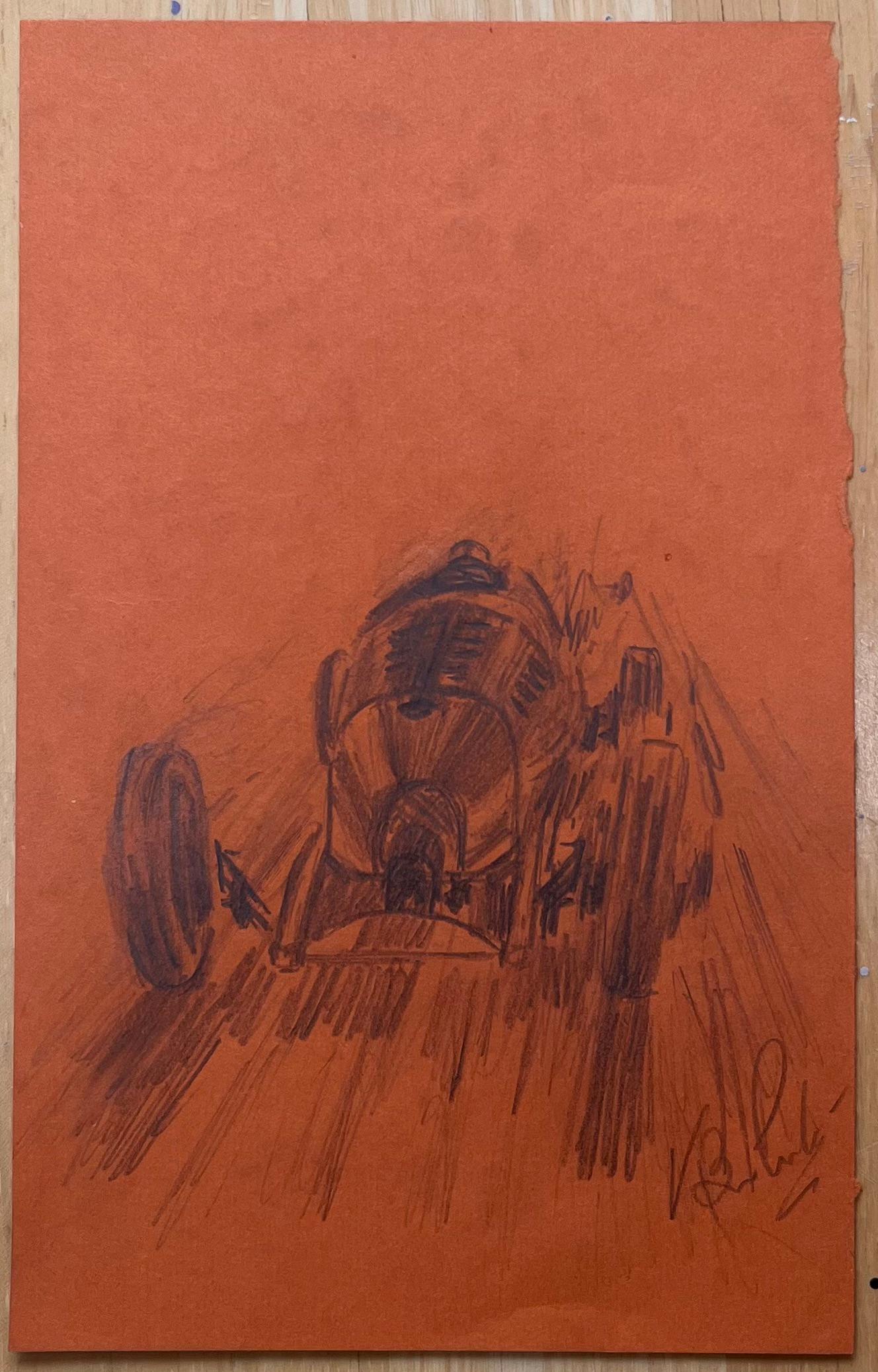 Vintage Race Car Bleistift Illustration auf braunem Papier – Art von K.B. White