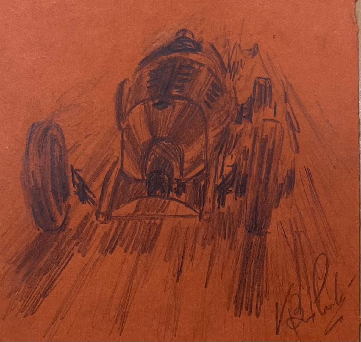 Vintage Race Car Bleistift Illustration auf braunem Papier (Art déco), Art, von K.B. White