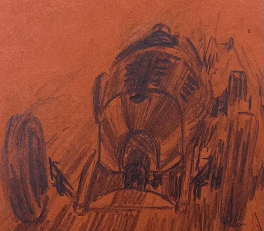 Vintage Race Car Bleistift Illustration auf braunem Papier (Braun), Still-Life, von K.B. White