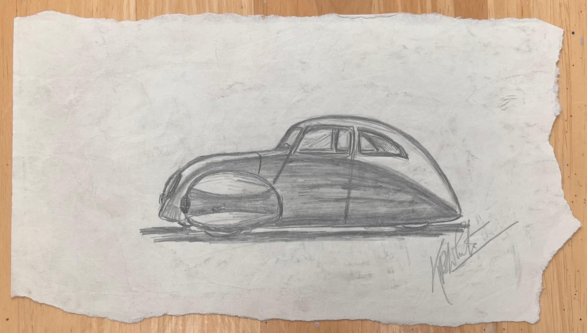 1938 Talbot-Lago T150-C SS Teardrop Coupé Design Pencil Illustration - Art by K.B. White