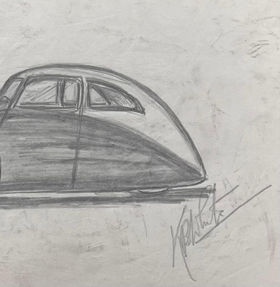1938 Talbot-Lago T150-C SS Teardrop Coupé Design Pencil Illustration - Gray Still-Life by K.B. White