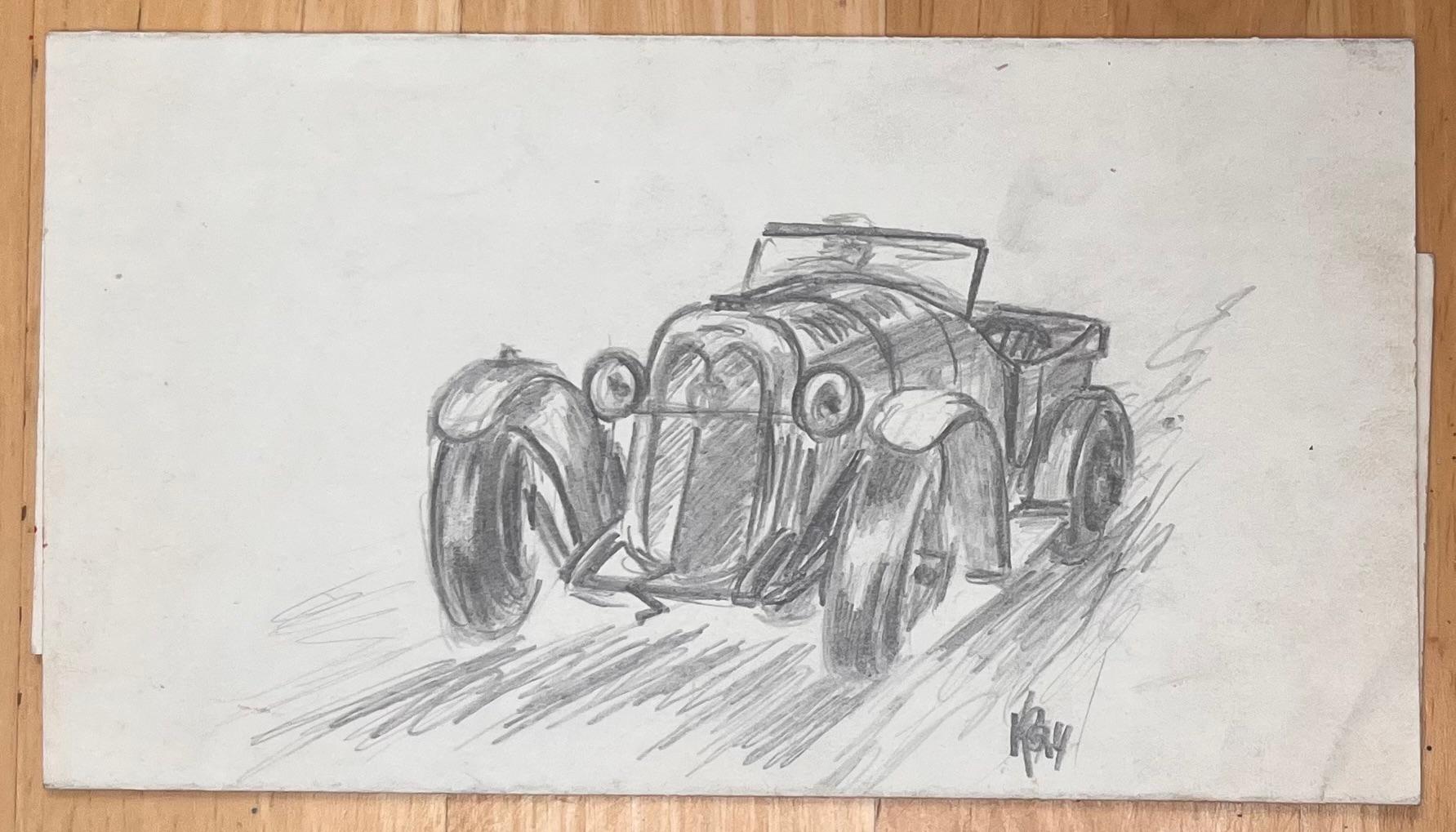Illustration au crayon conceptuelle d'un Speedster à queue de bateau Auburn 851 SC, 1935 - Art déco Art par K.B. White