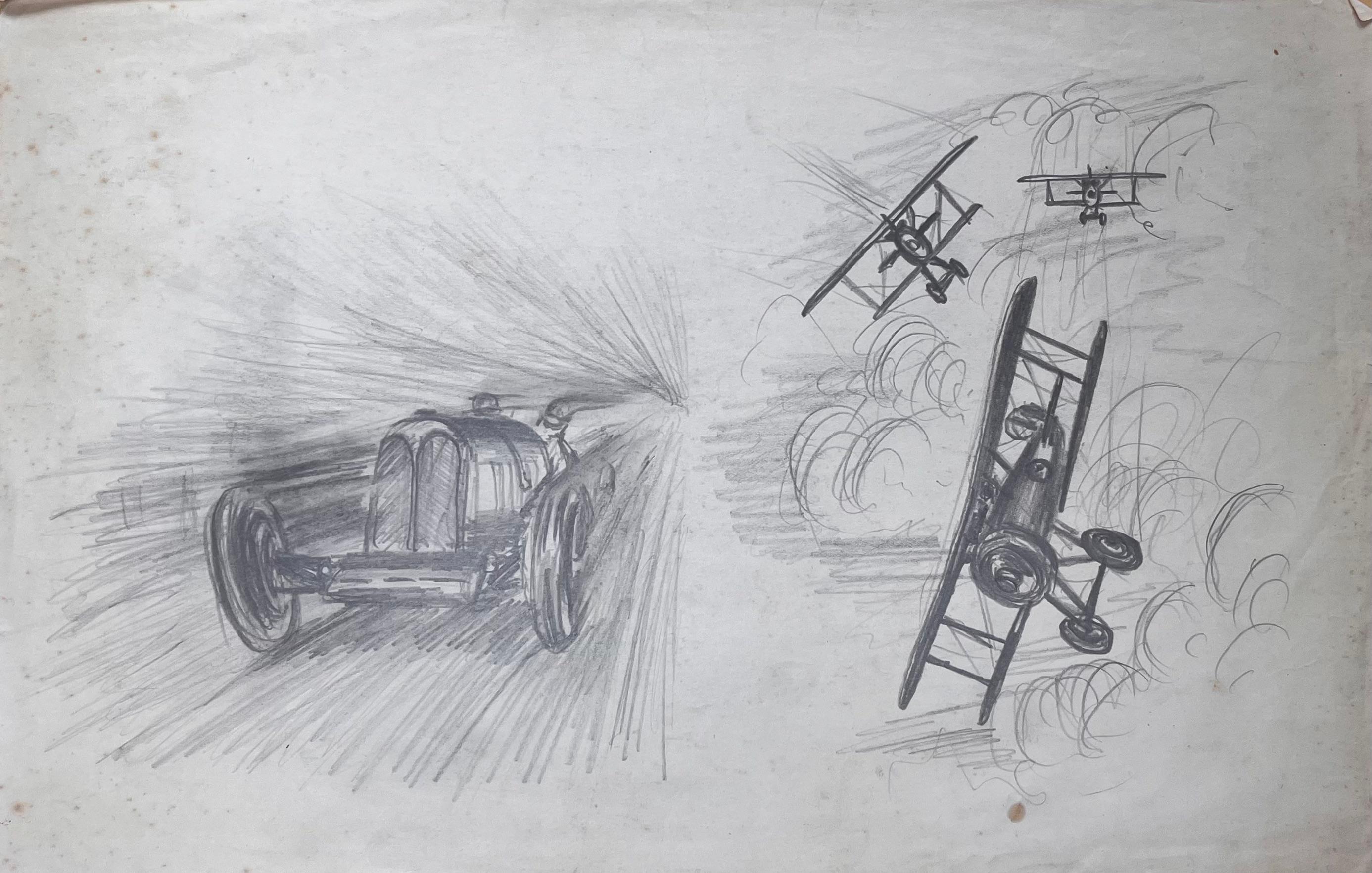 Dogfight-Szene mit Vintage-Rennenwagen-Bleistiftillustration aus dem Ersten Weltkrieg – Art von K.B. White