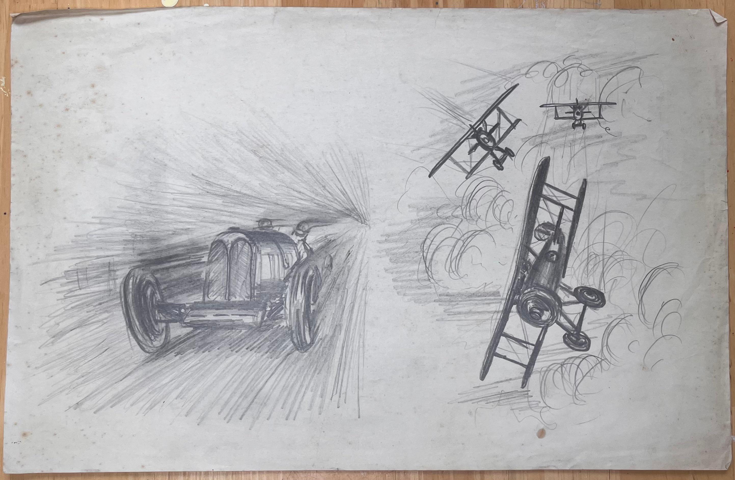 Dogfight-Szene mit Vintage-Rennenwagen-Bleistiftillustration aus dem Ersten Weltkrieg (Art déco), Art, von K.B. White