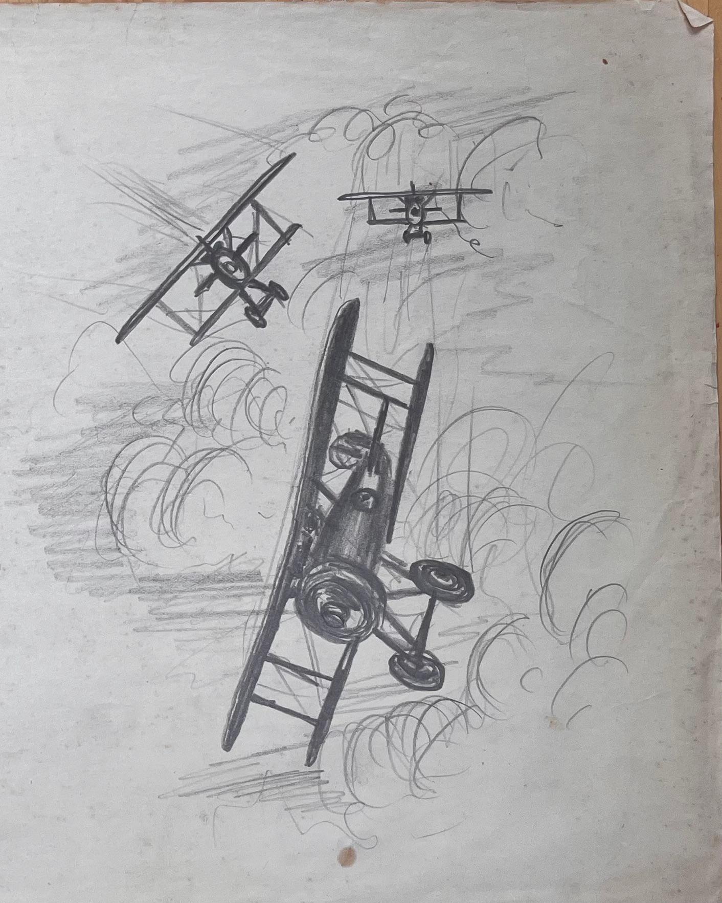 Dogfight-Szene mit Vintage-Rennenwagen-Bleistiftillustration aus dem Ersten Weltkrieg im Angebot 1