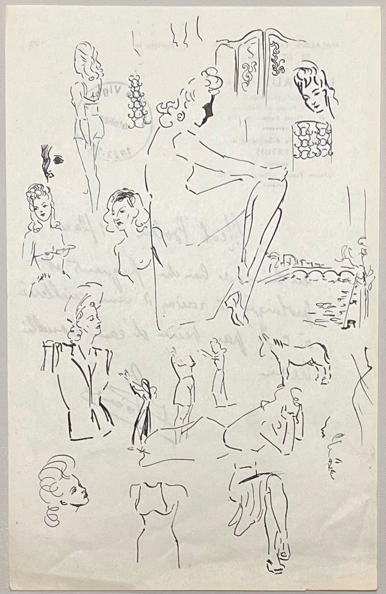 Dessin à l'encre français du milieu du siècle représentant des femmes dans des poses variées - Art de Josine Vignon