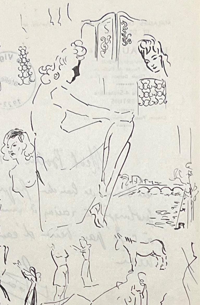 Dessin à l'encre français du milieu du siècle représentant des femmes dans des poses variées - Beige Figurative Art par Josine Vignon