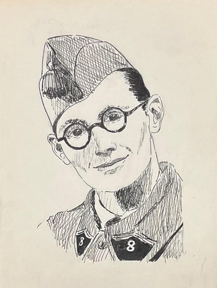 Figurative Art di Josine Vignon - Ritratto ad inchiostro di un soldato in uniforme della metà del secolo francese Eleg
