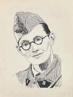 Retrato en tinta elegante francés de mediados de siglo de un soldado en uniforme