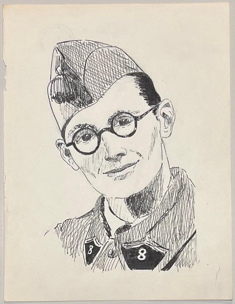 Ritratto ad inchiostro di un soldato in uniforme della metà del secolo francese Eleg - Art di Josine Vignon