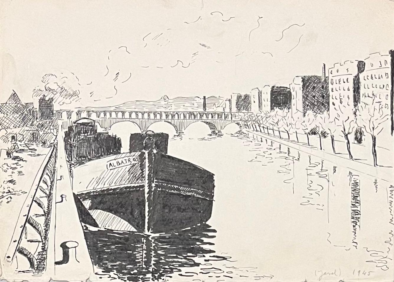 Figurative Art Josine Vignon - Encre élégante française du milieu du siècle représentant une scène de bord de rivière avec une barge