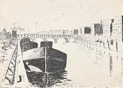 Elegante disegno a inchiostro francese della metà del secolo scorso raffigurante una scena di fiume con una chiatta