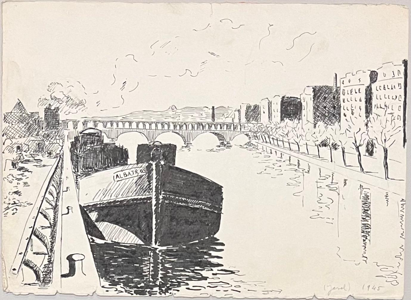 Encre élégante française du milieu du siècle représentant une scène de bord de rivière avec une barge - Art de Josine Vignon