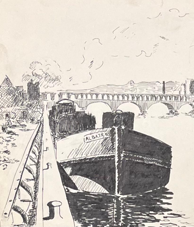 Encre élégante française du milieu du siècle représentant une scène de bord de rivière avec une barge - Post-impressionnisme Art par Josine Vignon