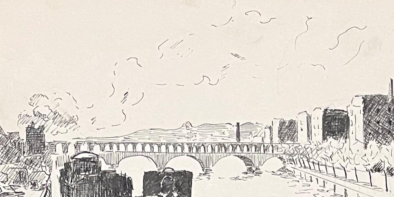 Encre élégante française du milieu du siècle représentant une scène de bord de rivière avec une barge - Beige Figurative Art par Josine Vignon