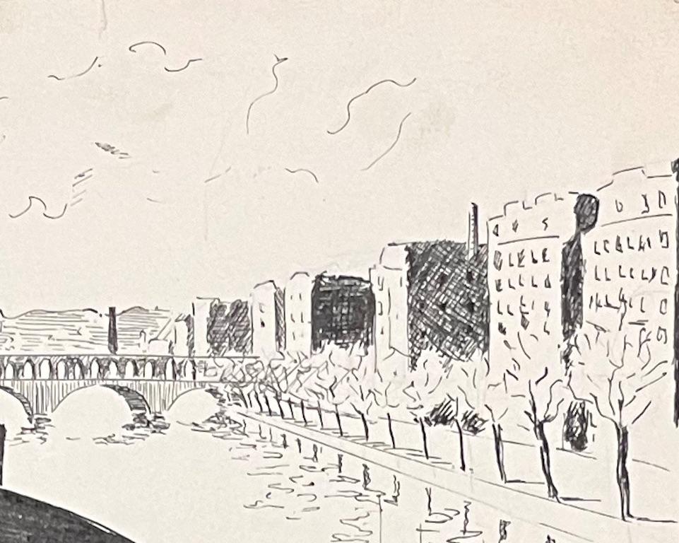 Titre : Dessin à l'encre élégant du milieu du siècle français d'une scène au bord de l'eau avec une péniche.

Artistics : Josine Vignon (française 1922-2022)

Médium : Encre sur papier

Taille : 7,25 (hauteur) x 9,75 (largeur)

Estampillé :