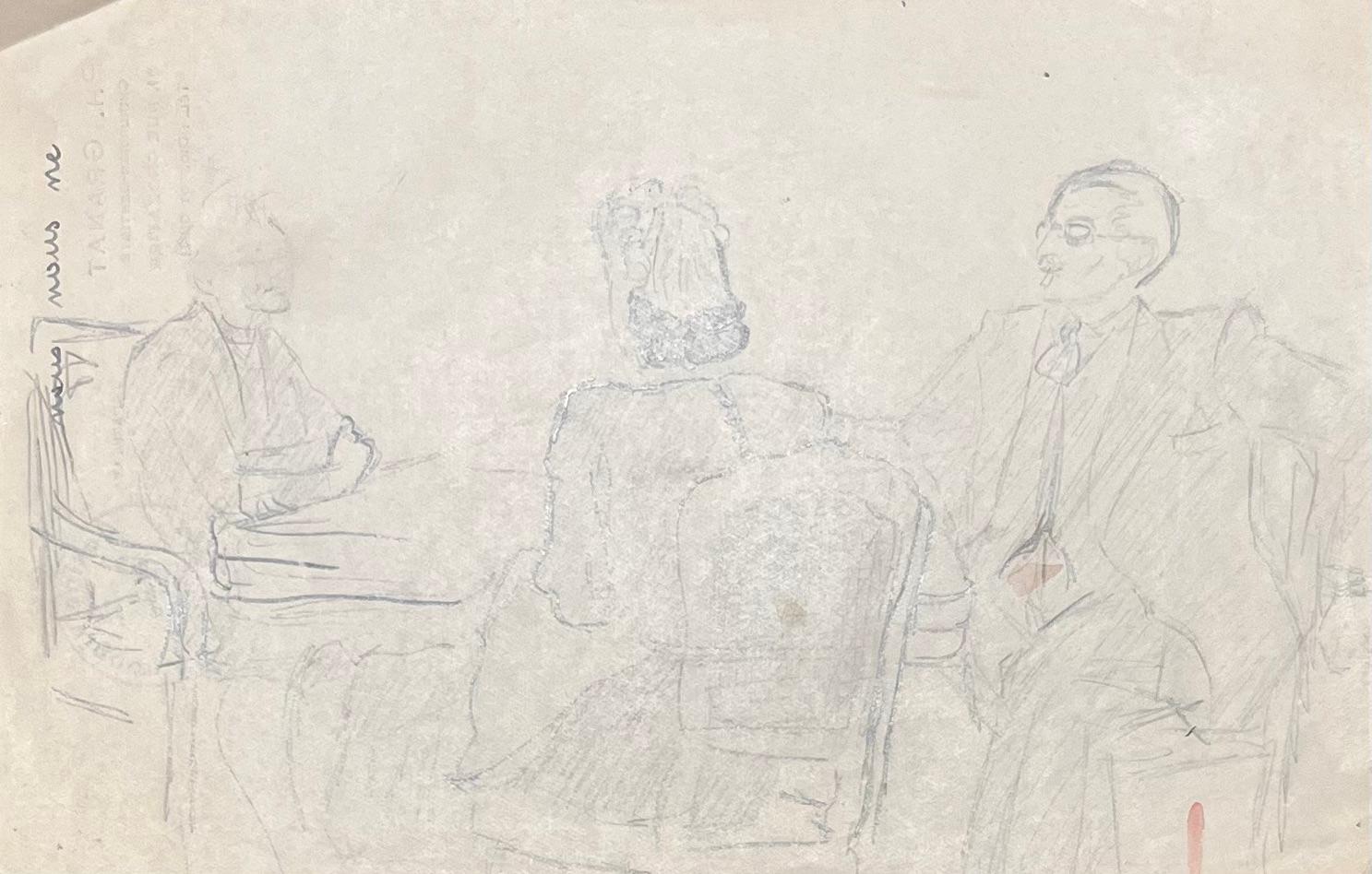 Josine Vignon Figurative Art - Mid Century French Elegant Pencil Drawing of Three Figures in Conversation