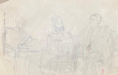 Elegante disegno a matita di tre figure in conversazione della metà del secolo scorso in Francia