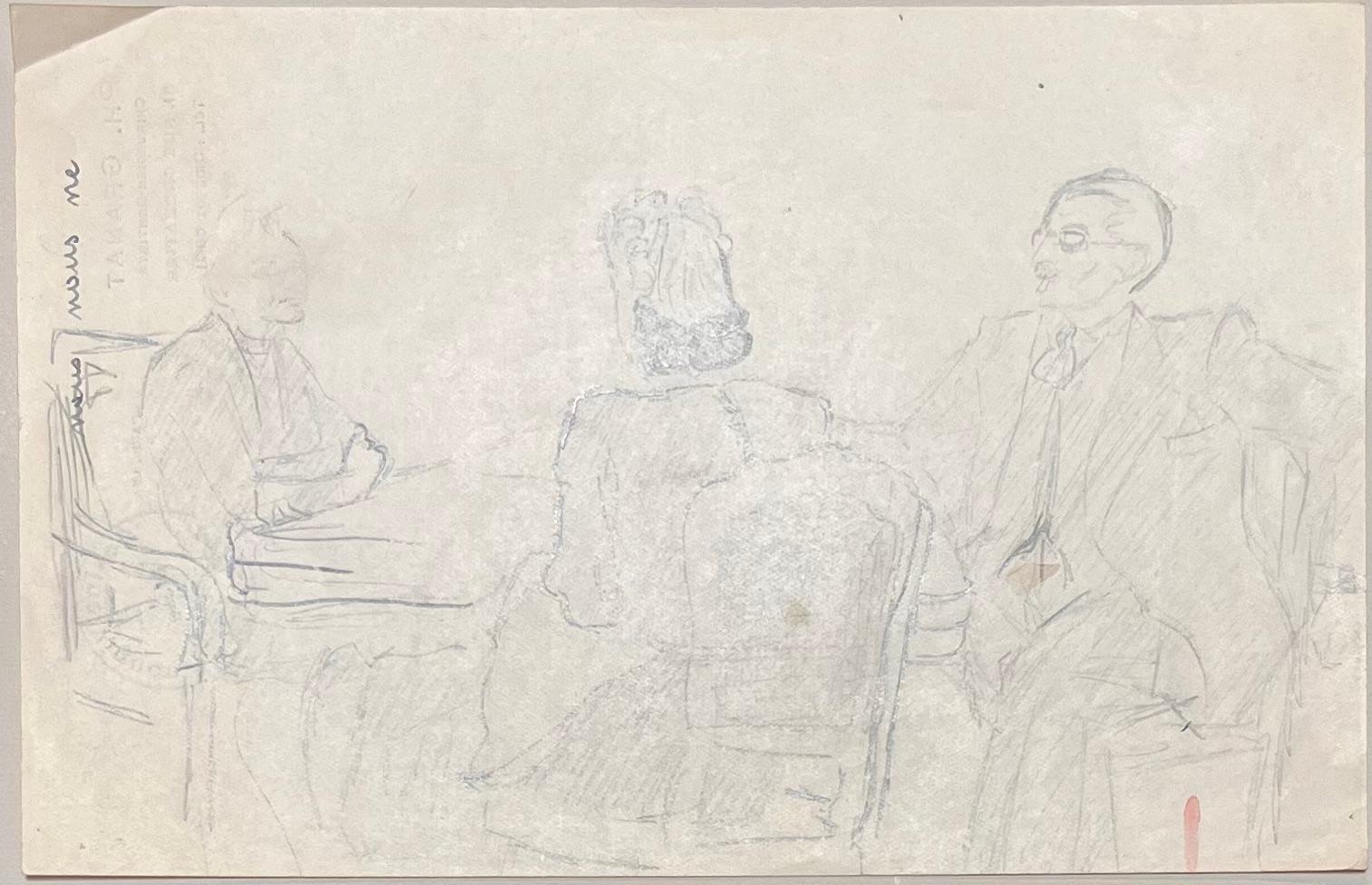 Mid Century French Elegant Pencil Drawing of Three Figures in Conversation - Art by Josine Vignon