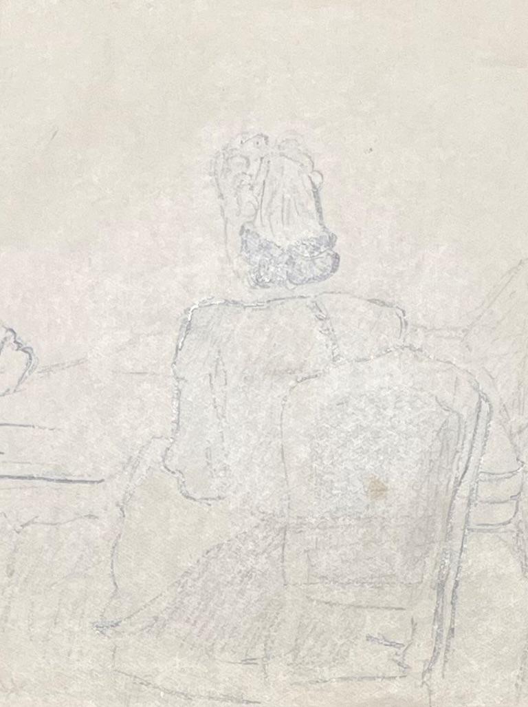 Mid Century French Elegant Pencil Drawing of Three Figures in Conversation - Beige Figurative Art by Josine Vignon