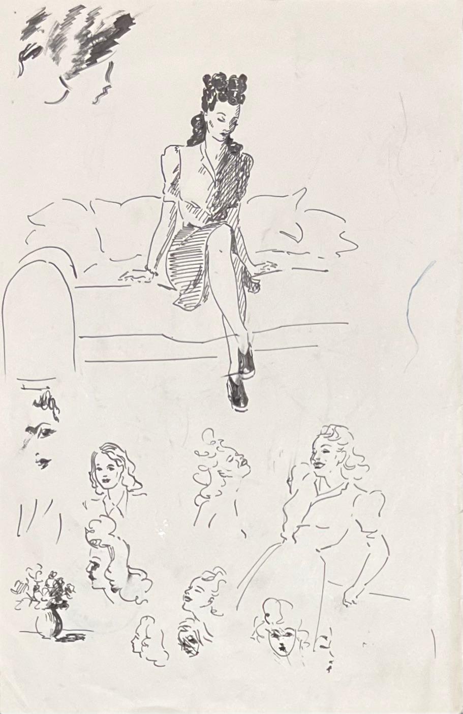 Josine Vignon Figurative Art - Mid Century French Elegant Ink Drawing of Various Female Portrait Sketches