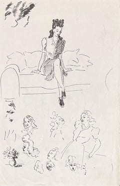 Elegante dibujo a tinta francés de mediados de siglo de varios bocetos de retratos femeninos