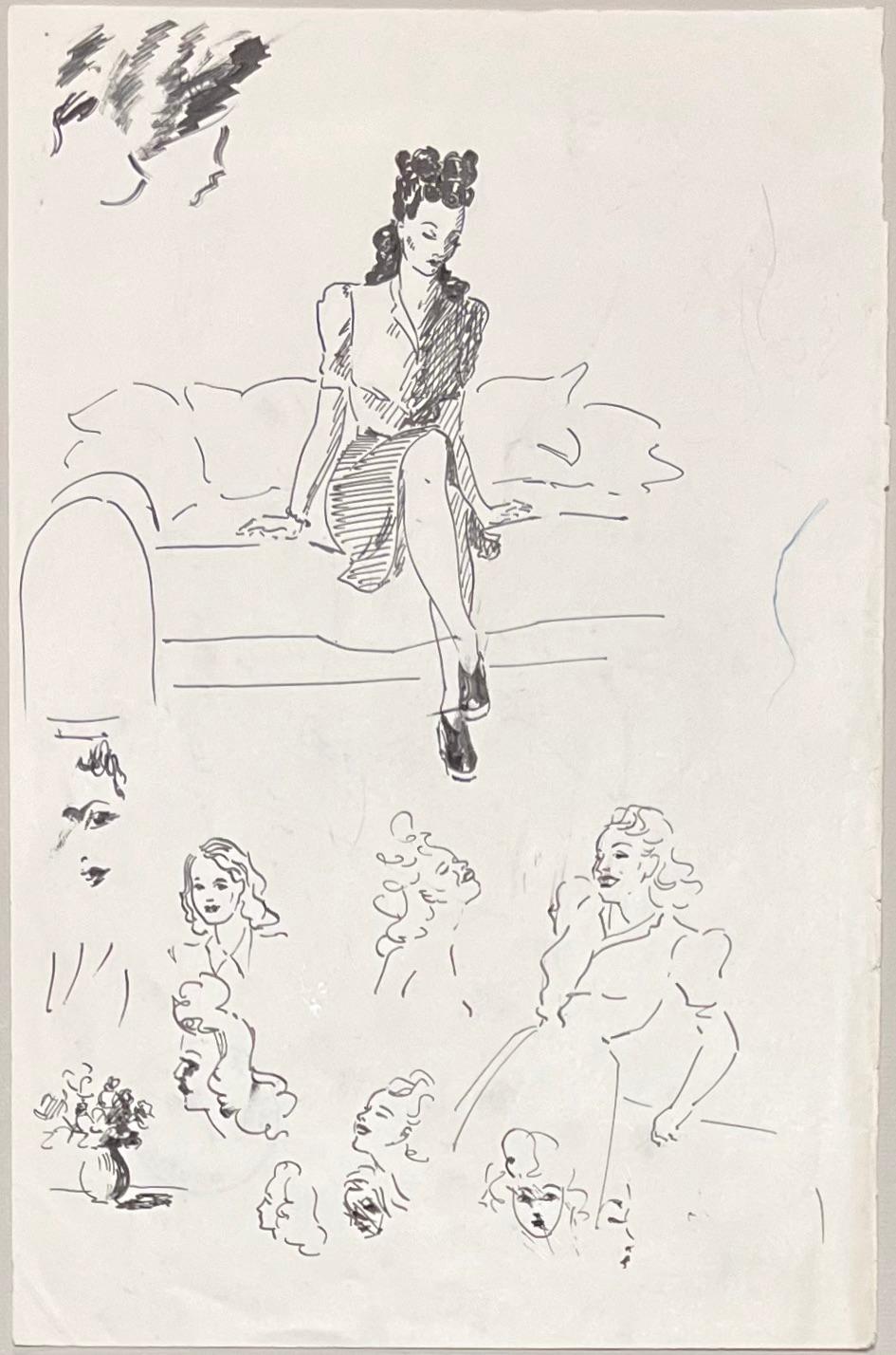 Mid Century French Elegant Ink Drawing of Various Female Portrait Sketches - Art by Josine Vignon
