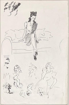 Elegante dibujo a tinta francés de mediados de siglo de varios bocetos de retratos femeninos