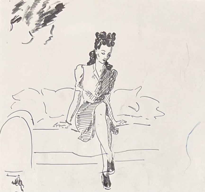 Mid Century French Elegant Ink Drawing of Various Female Portrait Sketches - Post-Impressionist Art by Josine Vignon