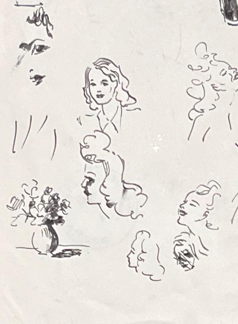 Mid Century French Elegant Ink Drawing of Various Female Portrait Sketches - Beige Figurative Art by Josine Vignon