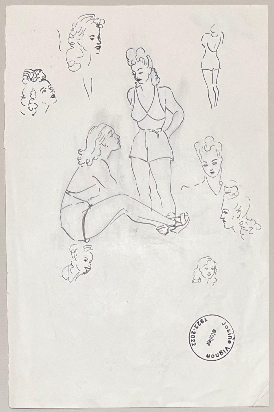 Mid Century French Elegant Ink Drawing of Various Female Portrait Sketches For Sale 1