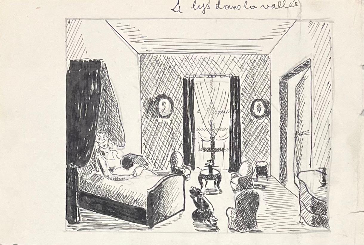 Dessins à l'encre de Chine du milieu du siècle représentant une scène d'intérieur avec une femme se reposant dans son lit - Art de Josine Vignon