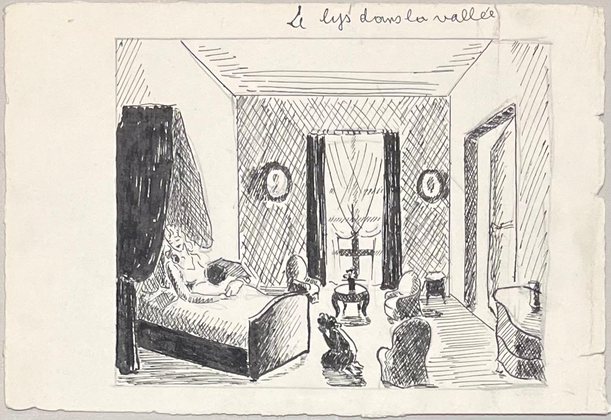 Dessins à l'encre de Chine du milieu du siècle représentant une scène d'intérieur avec une femme se reposant dans son lit - Post-impressionnisme Art par Josine Vignon