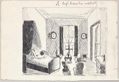 Mid Century French Ink Drawings of Interior Scene with Woman Resting in Bed