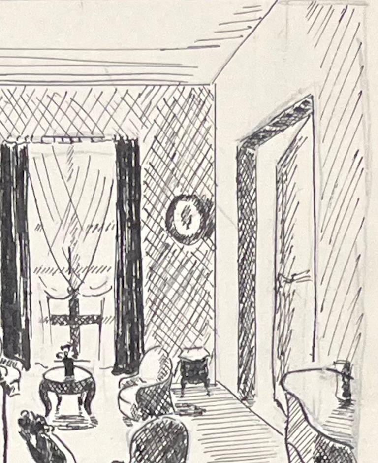 Dessins à l'encre de Chine du milieu du siècle représentant une scène d'intérieur avec une femme se reposant dans son lit en vente 1