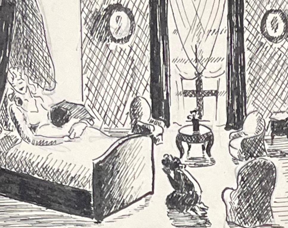 Dessins à l'encre de Chine du milieu du siècle représentant une scène d'intérieur avec une femme se reposant dans son lit en vente 2