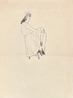 Studio minimalista a inchiostro di una donna seduta della metà del secolo scorso